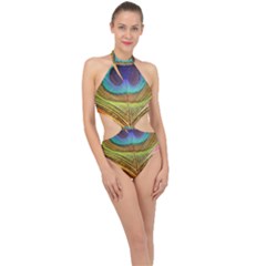 Peacock Feather Bird Colorful Halter Side Cut Swimsuit by Pakrebo