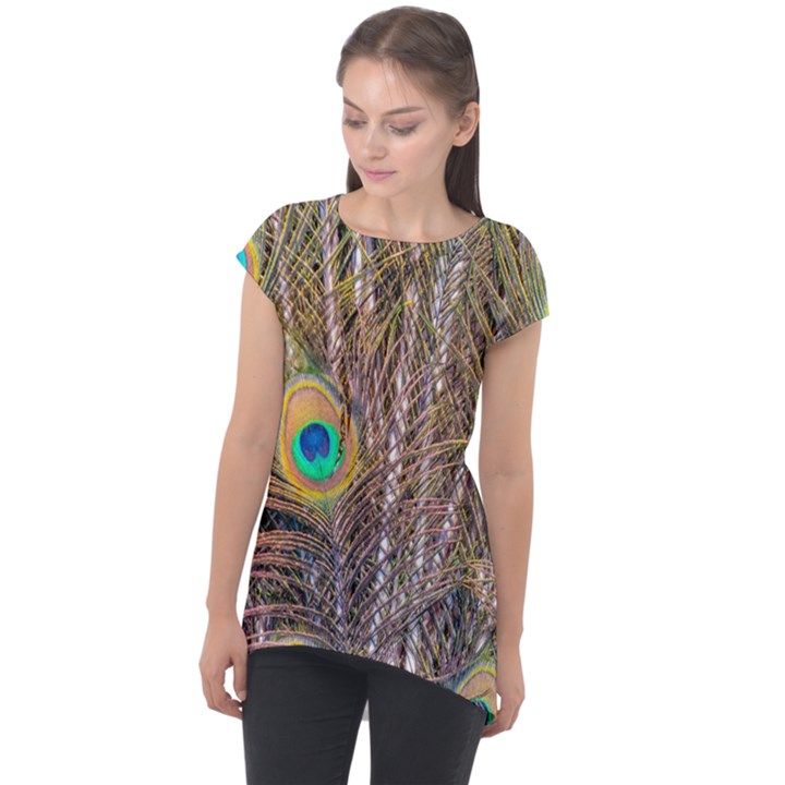 Pen Peacock Wheel Plumage Colorful Cap Sleeve High Low Top