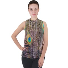 Pen Peacock Wheel Plumage Colorful Mock Neck Chiffon Sleeveless Top by Pakrebo