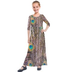 Pen Peacock Wheel Plumage Colorful Kids  Quarter Sleeve Maxi Dress by Pakrebo