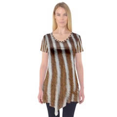 Skin Zebra Striped White Brown Short Sleeve Tunic  by Pakrebo