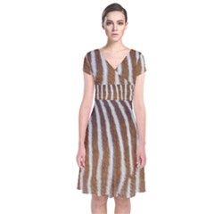 Skin Zebra Striped White Brown Short Sleeve Front Wrap Dress by Pakrebo