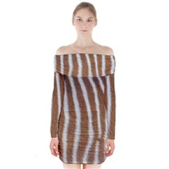 Skin Zebra Striped White Brown Long Sleeve Off Shoulder Dress by Pakrebo