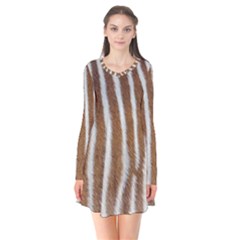 Skin Zebra Striped White Brown Long Sleeve V-neck Flare Dress by Pakrebo