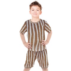 Skin Zebra Striped White Brown Kids  Tee And Shorts Set by Pakrebo