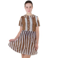 Skin Zebra Striped White Brown Short Sleeve Shoulder Cut Out Dress  by Pakrebo