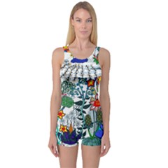 Moon And Flowers Abstract One Piece Boyleg Swimsuit by okhismakingart