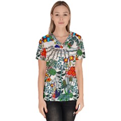 Moon And Flowers Abstract Women s V-neck Scrub Top by okhismakingart