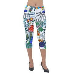 Moon And Flowers Abstract Lightweight Velour Capri Leggings  by okhismakingart