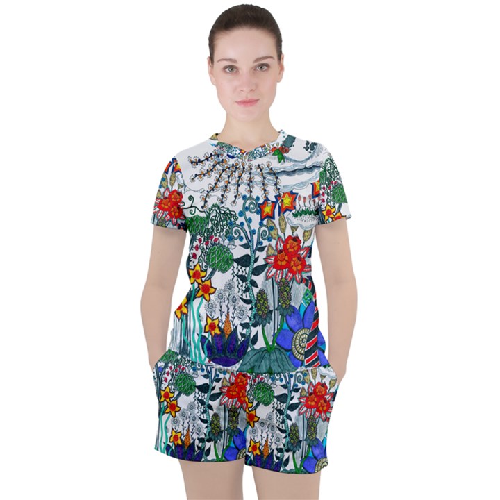 Moon and Flowers Abstract Women s Tee and Shorts Set