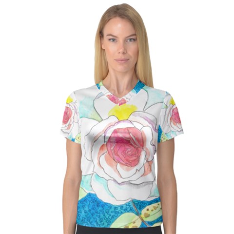 Favorite Rose Watercolor   V-neck Sport Mesh Tee by okhismakingart