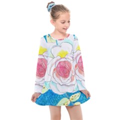 Favorite Rose Watercolor   Kids  Long Sleeve Dress by okhismakingart