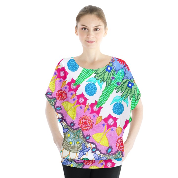 Plant Abstract Batwing Chiffon Blouse