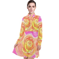 Orange Roses Watercolor Long Sleeve Chiffon Shirt Dress by okhismakingart