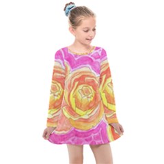 Orange Roses Watercolor Kids  Long Sleeve Dress by okhismakingart