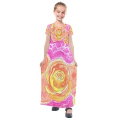 Orange Roses Watercolor Kids  Short Sleeve Maxi Dress by okhismakingart