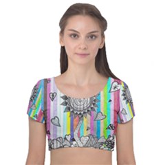 Striped Flower Velvet Short Sleeve Crop Top  by okhismakingart