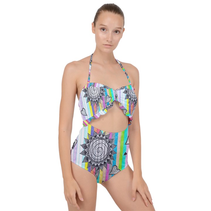 Striped Flower Scallop Top Cut Out Swimsuit