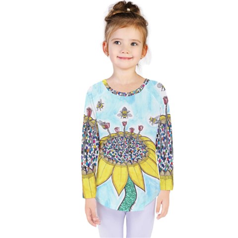 Bees At Work In Blue  Kids  Long Sleeve Tee by okhismakingart