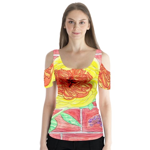 Reid Hall Rose Watercolor Butterfly Sleeve Cutout Tee  by okhismakingart