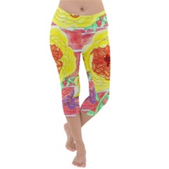 Reid Hall Rose Watercolor Lightweight Velour Capri Yoga Leggings by okhismakingart