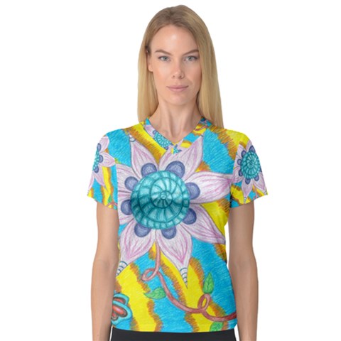 Tie-dye Flower And Butterflies V-neck Sport Mesh Tee by okhismakingart