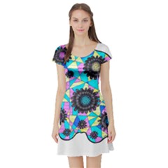 Neon Geometric Flowers  Short Sleeve Skater Dress by okhismakingart