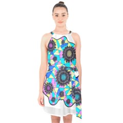 Neon Geometric Flowers  Halter Collar Waist Tie Chiffon Dress by okhismakingart