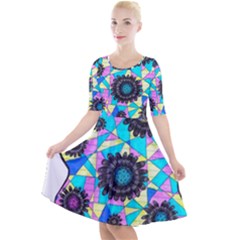 Neon Geometric Flowers  Quarter Sleeve A-line Dress by okhismakingart