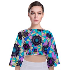 Neon Geometric Flowers  Tie Back Butterfly Sleeve Chiffon Top