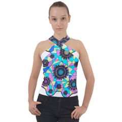 Neon Geometric Flowers  Cross Neck Velour Top