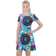 Neon Geometric Flowers  Cap Sleeve Velour Dress 