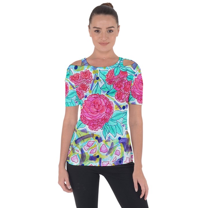 Roses and Movie Theater Carpet Shoulder Cut Out Short Sleeve Top