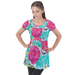 Roses And Movie Theater Carpet Puff Sleeve Tunic Top by okhismakingart