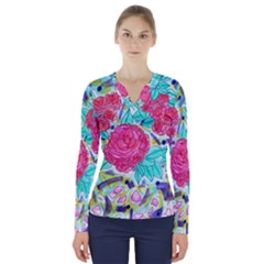 Roses And Movie Theater Carpet V-neck Long Sleeve Top by okhismakingart