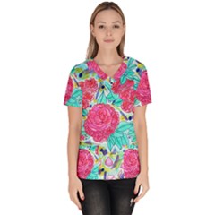 Roses And Movie Theater Carpet Women s V-neck Scrub Top by okhismakingart