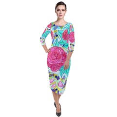 Roses And Movie Theater Carpet Quarter Sleeve Midi Velour Bodycon Dress by okhismakingart