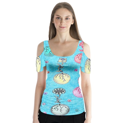 Flower Orbs  Butterfly Sleeve Cutout Tee  by okhismakingart