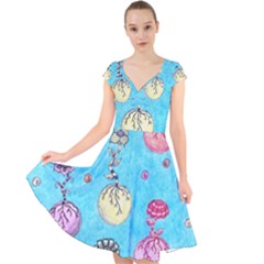 Flower Orbs  Cap Sleeve Front Wrap Midi Dress by okhismakingart