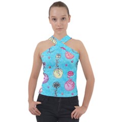 Flower Orbs  Cross Neck Velour Top