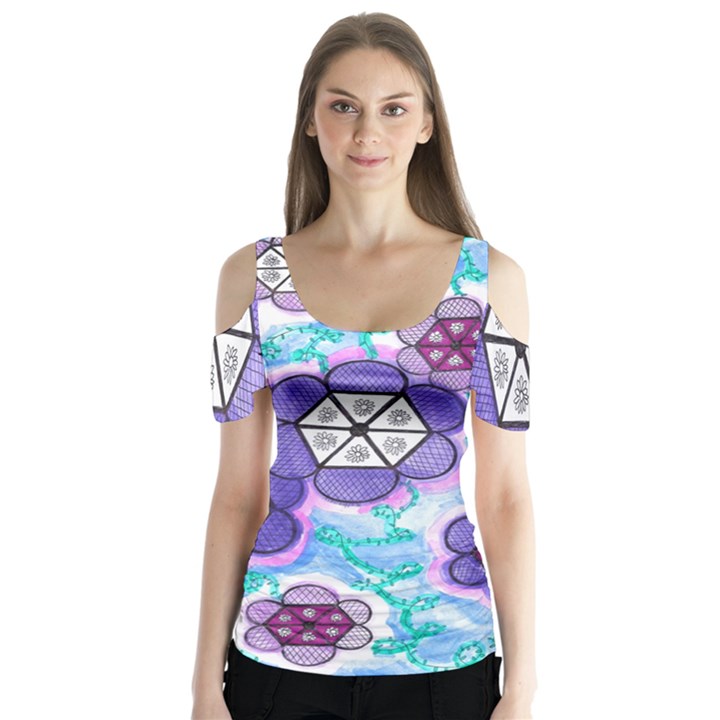 Hexagonal Flowers Butterfly Sleeve Cutout Tee 