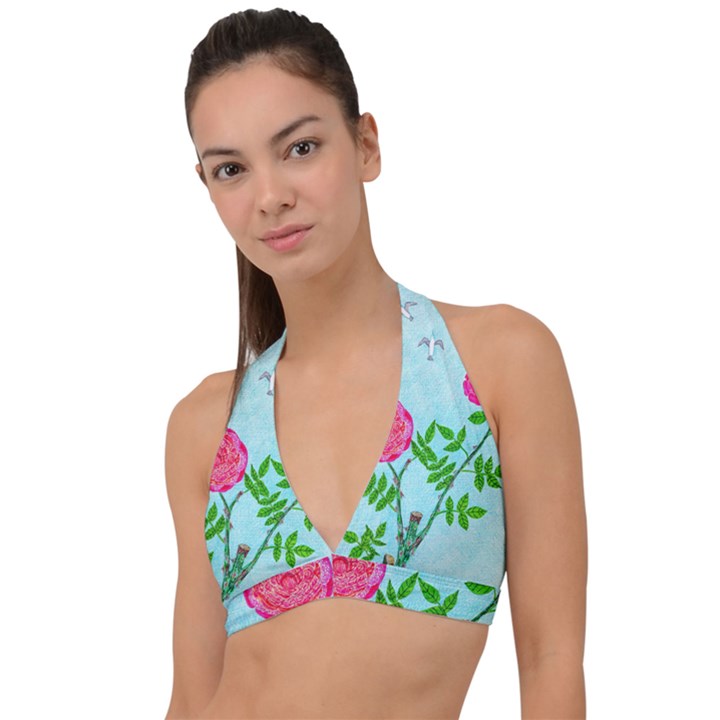 Roses and Seagulls Halter Plunge Bikini Top