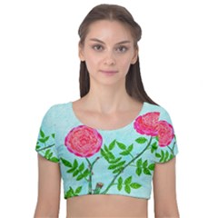 Roses And Seagulls Velvet Short Sleeve Crop Top  by okhismakingart