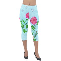 Roses And Seagulls Lightweight Velour Capri Leggings  by okhismakingart