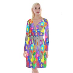 Floral Cat Long Sleeve Velvet Front Wrap Dress by okhismakingart