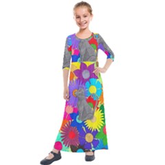 Floral Cat Kids  Quarter Sleeve Maxi Dress by okhismakingart