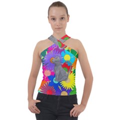 Floral Cat Cross Neck Velour Top