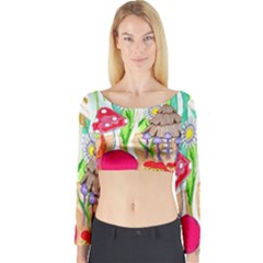 Iguana And Mushrooms Long Sleeve Crop Top by okhismakingart