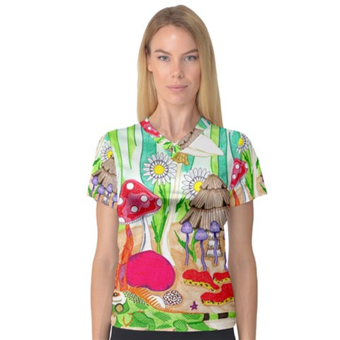 Iguana And Mushrooms V-neck Sport Mesh Tee by okhismakingart