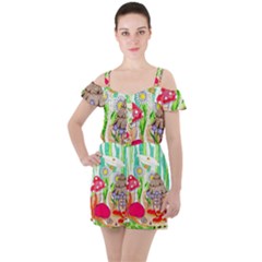 Iguana And Mushrooms Ruffle Cut Out Chiffon Playsuit by okhismakingart